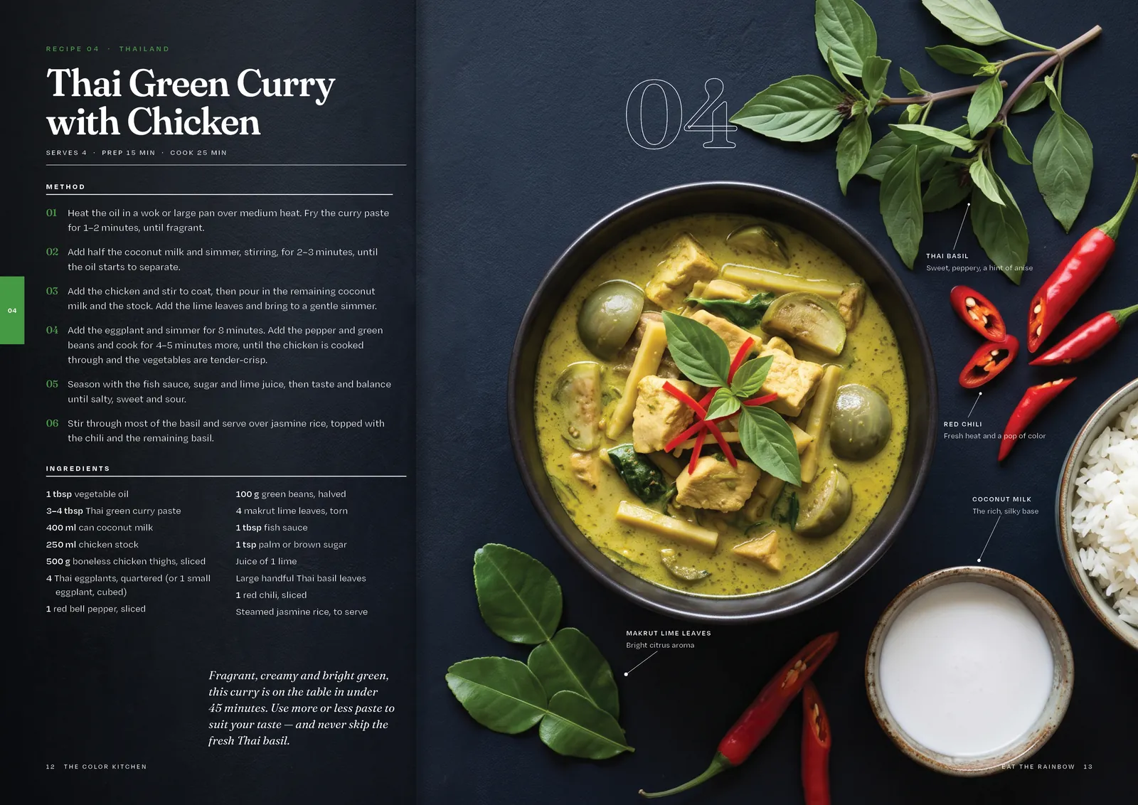The Color Kitchen cookbook: Thai green curry on a dark spread, using the dark folio parent page.