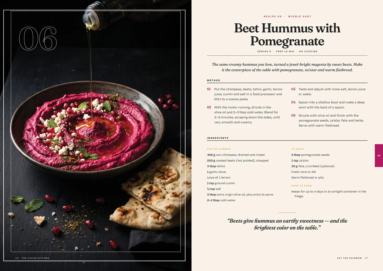The Color Kitchen cookbook: Beet hummus with pomegranate.