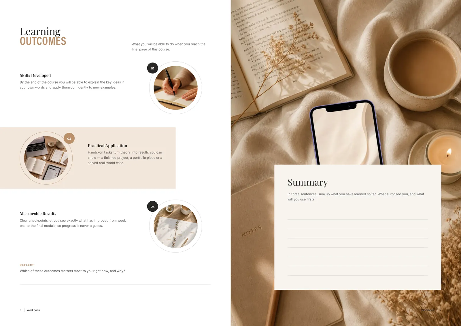 Course workbook: Learning outcomes and a summary page.