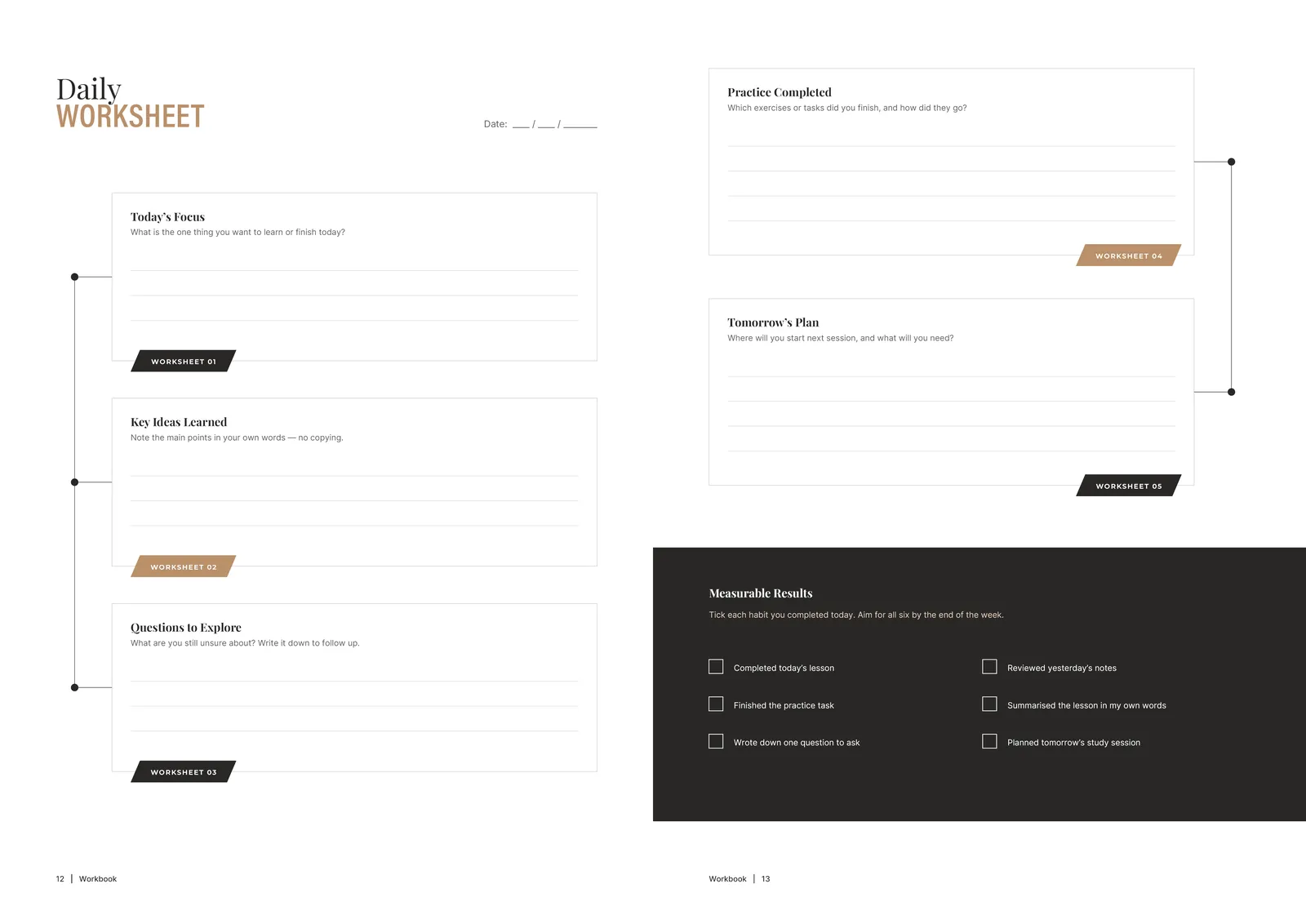 Course workbook: The daily worksheet, over two pages.