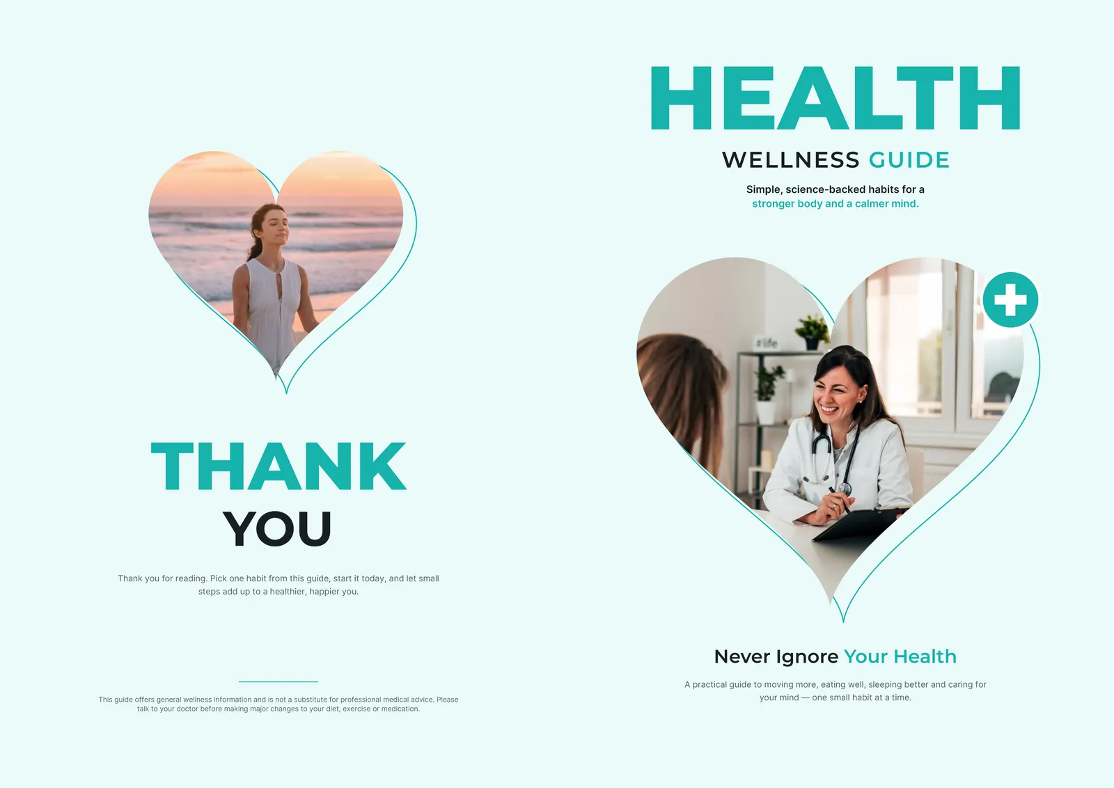 Health & wellness guide: Back and front cover, with heart-shaped photo frames.