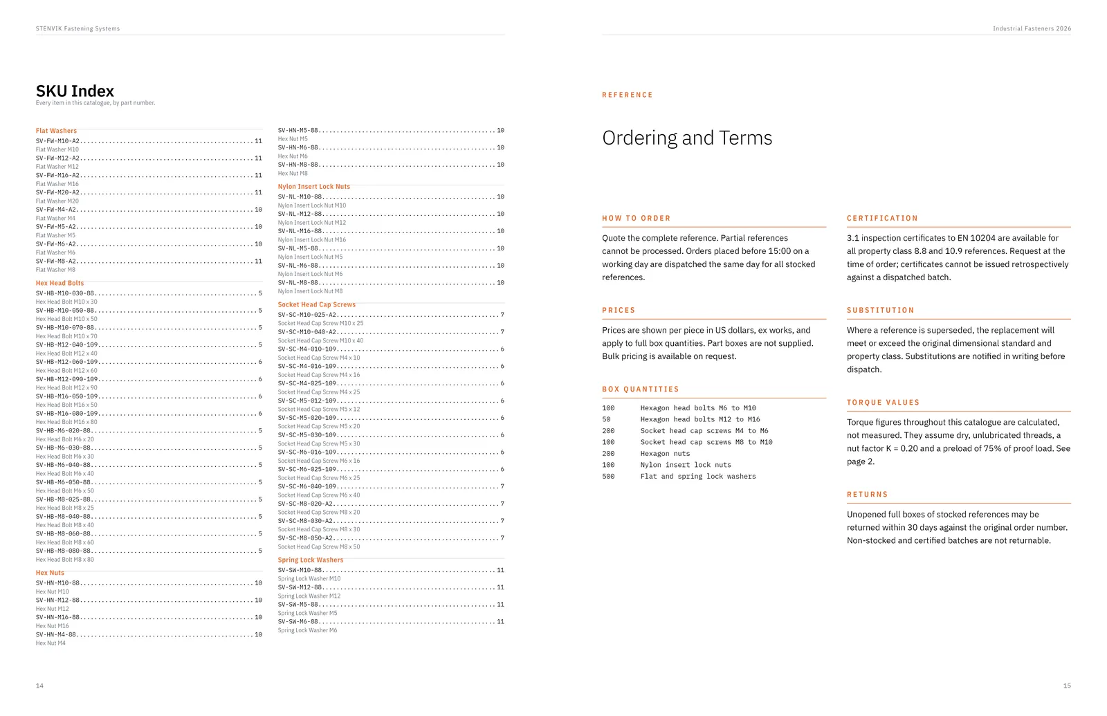 STENVIK fastener catalogue: Reference index and ordering terms.