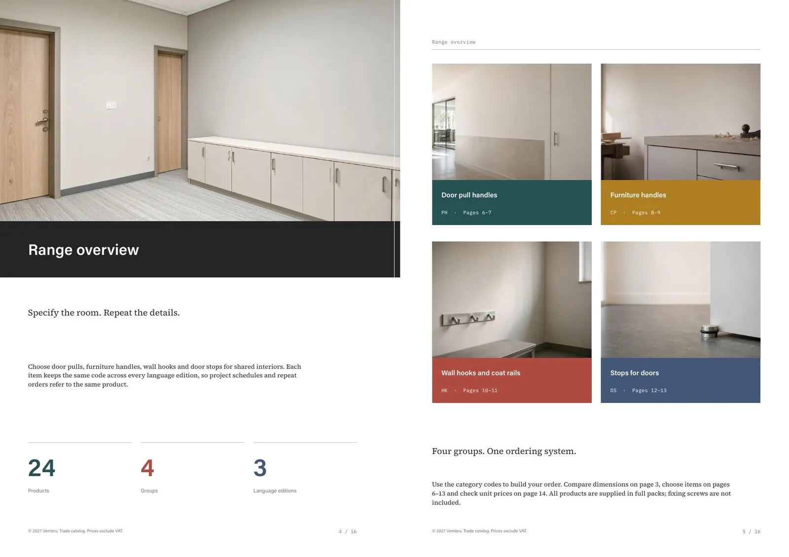 Vembru wholesale catalogue: Range overview: four product groups, each with its own colour.