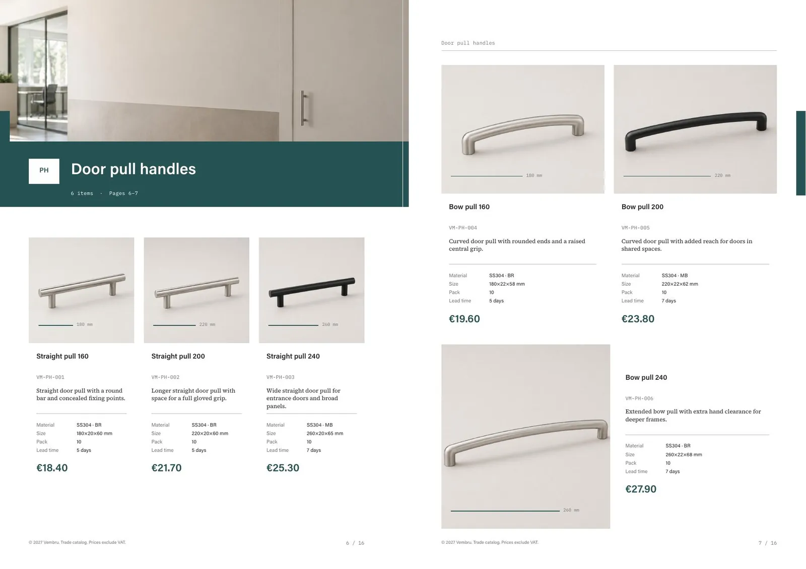 Vembru wholesale catalogue: Door pull handles: a colour band for the section and product cards on one grid.